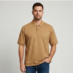 Bolle Golf Mens L‎ Polo Shirt Tan Geometric Print 60s Two Ply Merc Cotton